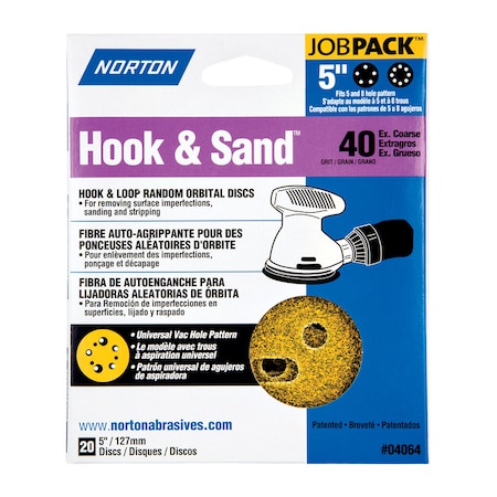 Norton Abrasives 5 in Dia, 8 Hole, Aluminum Oxide, 40 Grit, Coated Type 7660704064